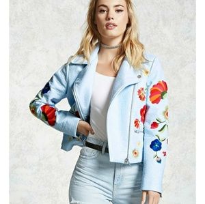 Blue Faux Leather Embroidered Jacket